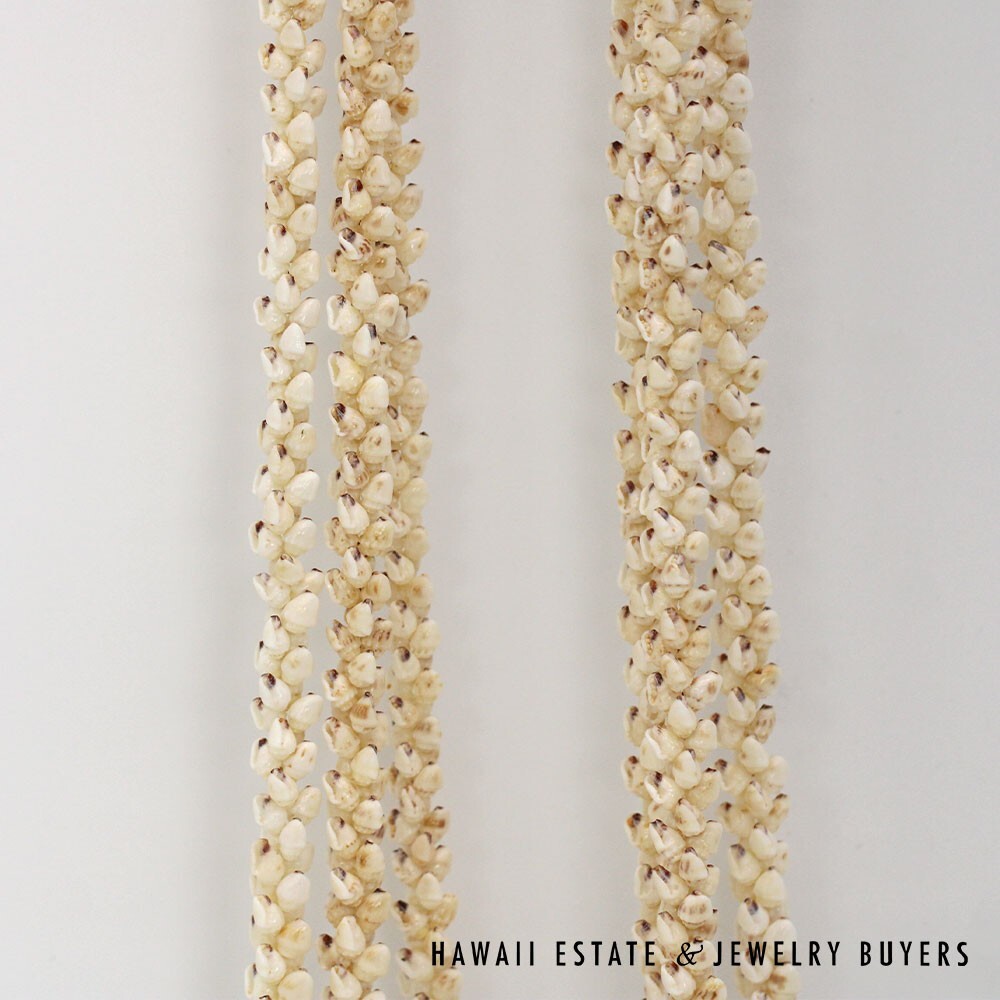 Three Strand Ni'ihau Shell Lei: Pikake Momi Lenalena Waha Ela Ela 48" #2402-01 - Image 7