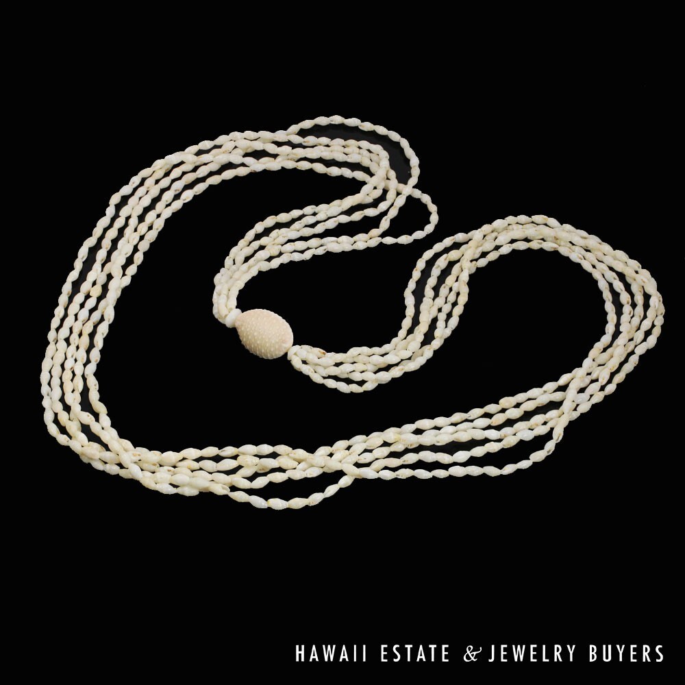 Ni'ihau Shell Lei 5-Strand White Laiki Pololei Necklace 35 Inch
