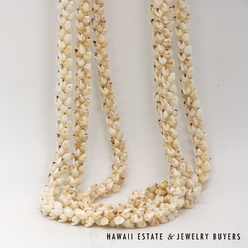 Three Strand Ni'ihau Shell Lei: Pikake Momi Lenalena Waha Ela Ela 48" #2402-01 - Image 8