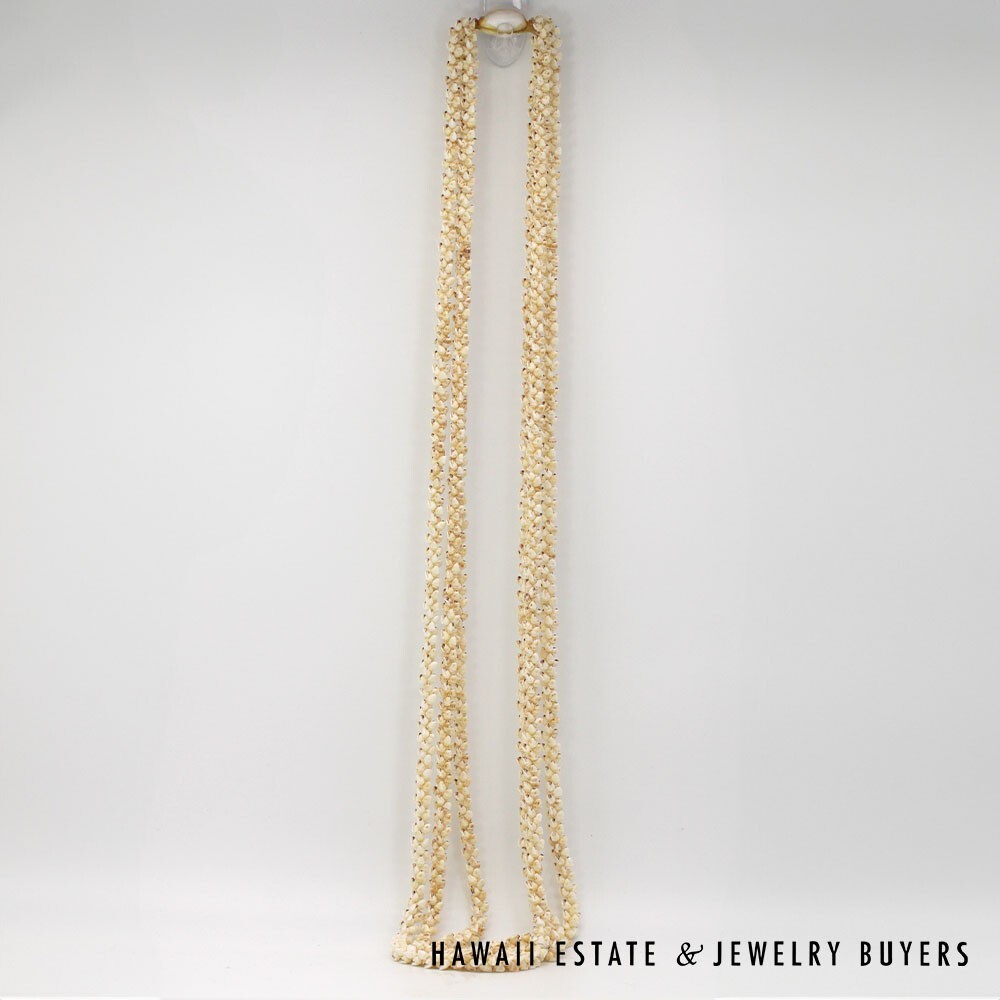 Three Strand Ni'ihau Shell Lei: Pikake Momi Lenalena Waha Ela Ela 48" #2402-01 - Image 3