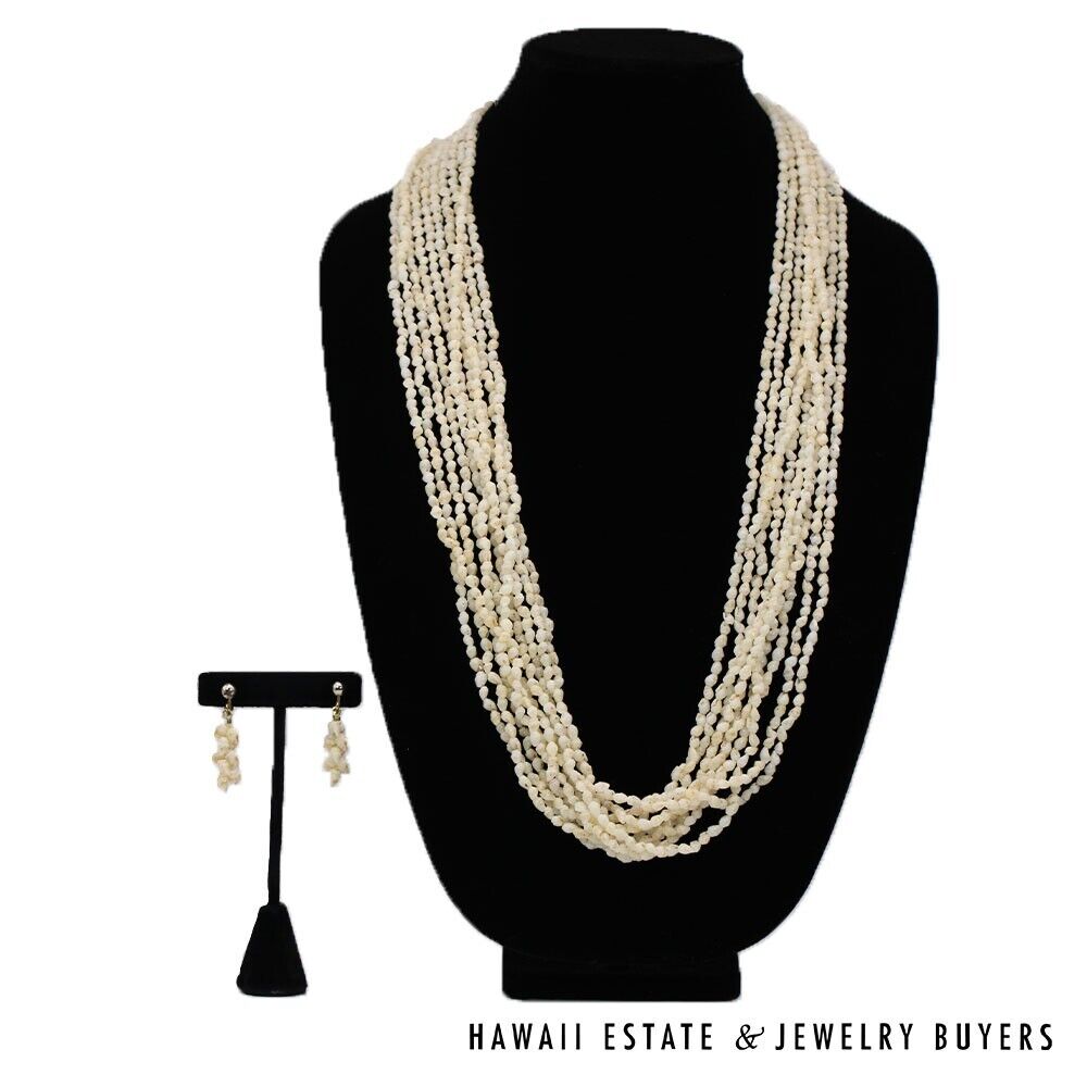 Ni'ihau Shell Lei 10-Strand Pololei Momi Ke'oke'o 36 Inch with Earrings