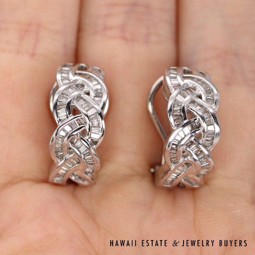 14K White Gold and 4ctw Baguette Diamond Omega Back Earrings #022824-01 - Image 4