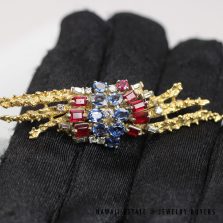 0.40ctw Diamond 0.40ctw Ruby 1.25ctw Sapphire 18k Yellow Gold Brooch 63x17mm, 11g