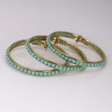 Set of 3 Turquoise Cabochon 18K Yellow Gold Hinged Bangle Bracelets Size 7.25