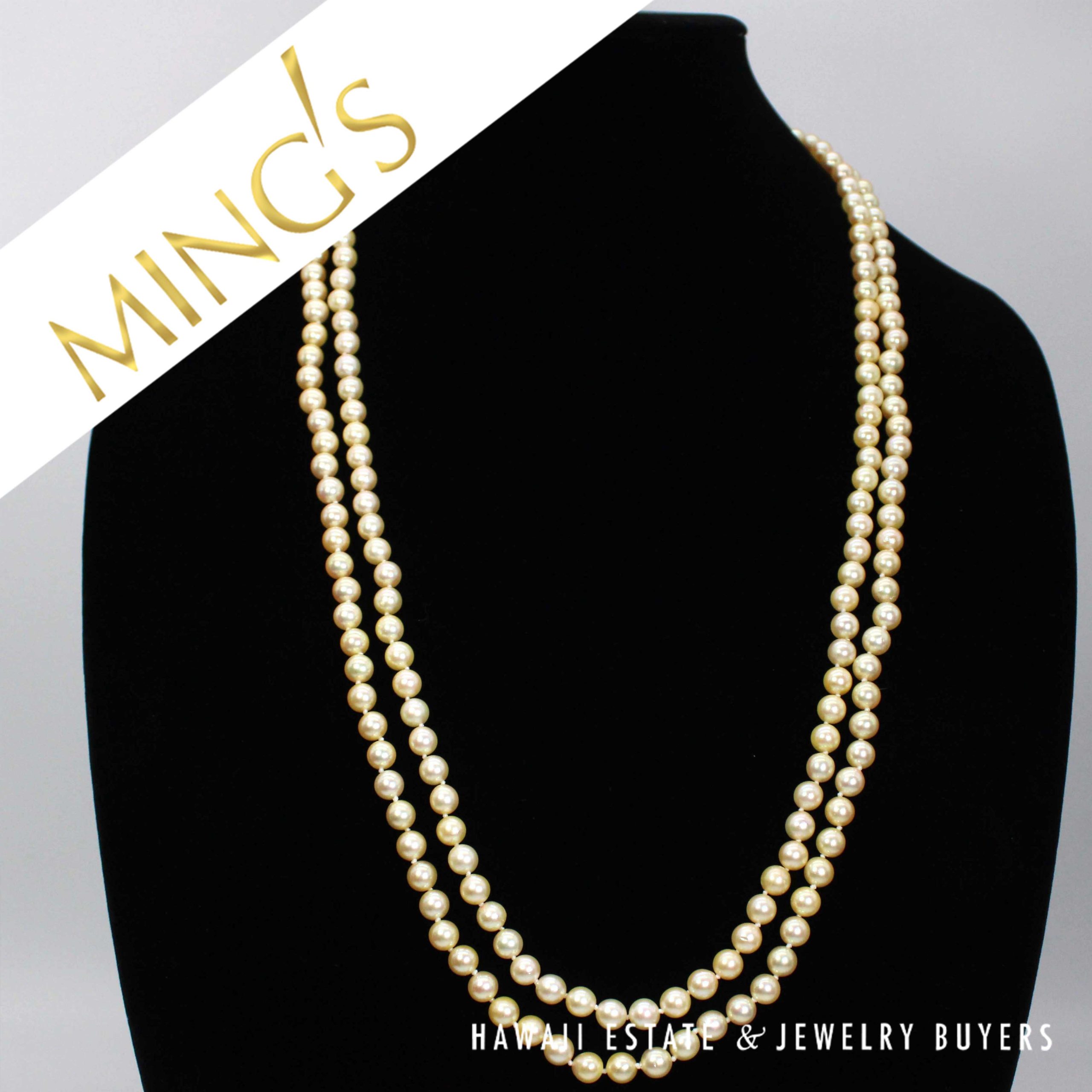 Ming's 6.5-7mm Cultured Pearl Double Strand 14k Yellow Gold Clasp Nekclace 24" and 26"