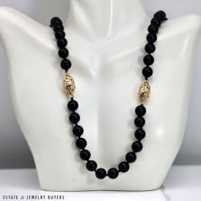 Ming's 9mm Black Onyx and Oval Gold Bead 14K Yellow Gold Necklace 30"
