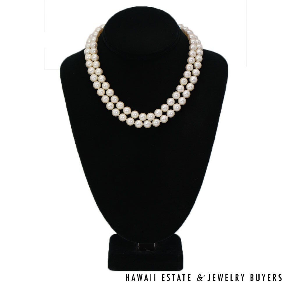 Double Strand Cultured Pearl Necklace with 14K Yellow Gold Diamond Clasp - Image 2