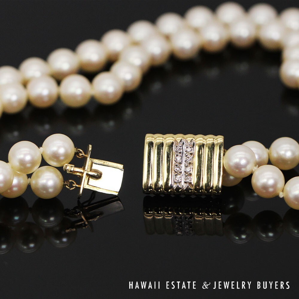 Double Strand Cultured Pearl Necklace with 14K Yellow Gold Diamond Clasp - Image 6