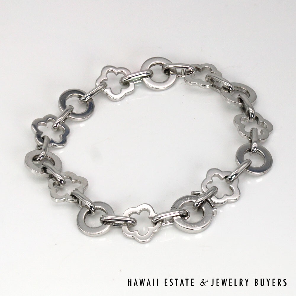 Chanel 18K White Gold Camellia Floral / Circle Link Bracelet SIZE