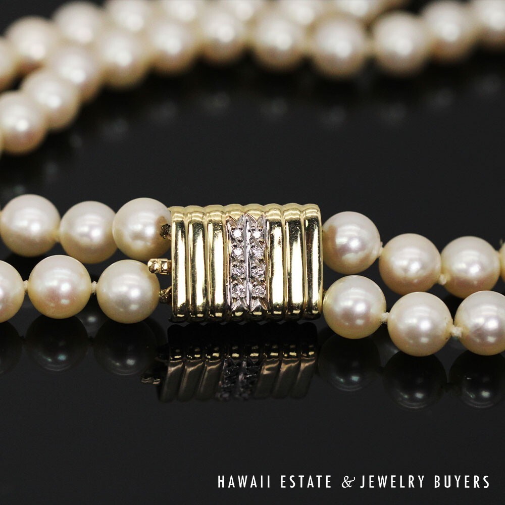 Double Strand Cultured Pearl Necklace with 14K Yellow Gold Diamond Clasp - Image 5