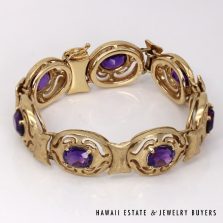 14K Yellow Gold and Amethyst Link Bracelet Size 6.5