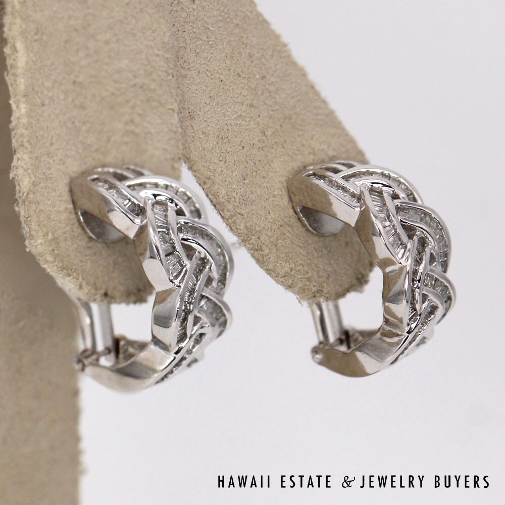 14K White Gold and 4ctw Baguette Diamond Omega Back Earrings #022824-01