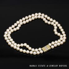 Double Strand Cultured Pearl Necklace with 14K Yellow Gold Diamond Clasp
