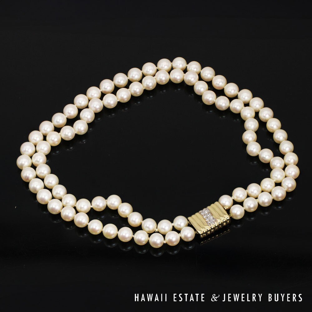 Double Strand Cultured Pearl Necklace with 14K Yellow Gold Diamond Clasp
