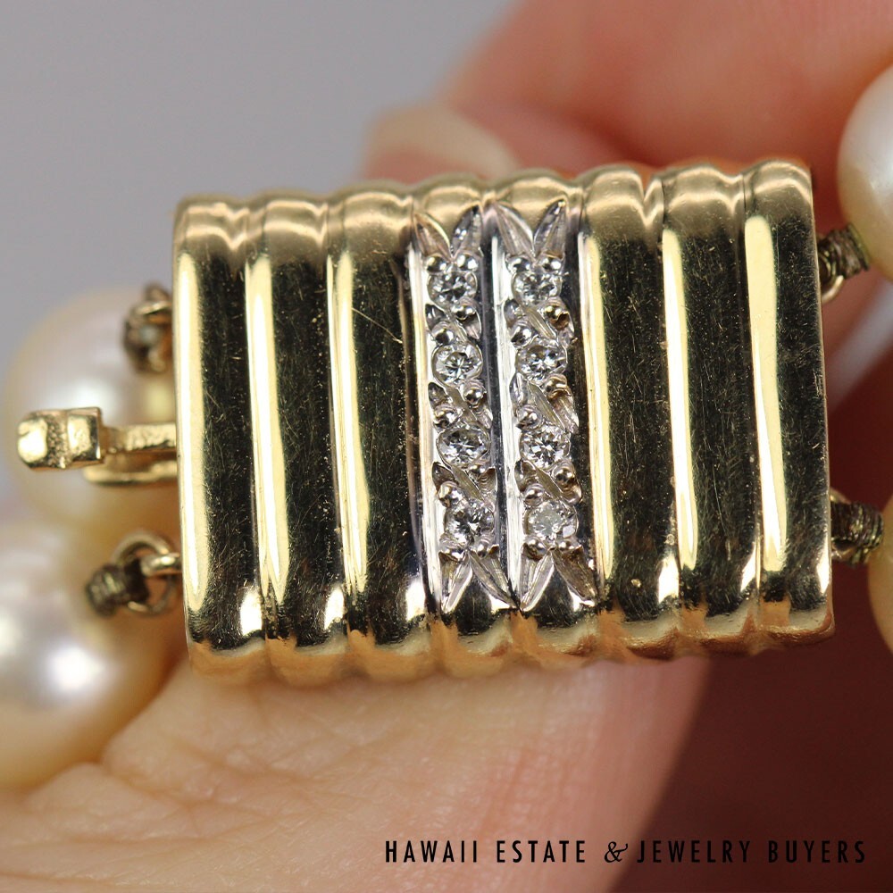 Double Strand Cultured Pearl Necklace with 14K Yellow Gold Diamond Clasp - Image 7