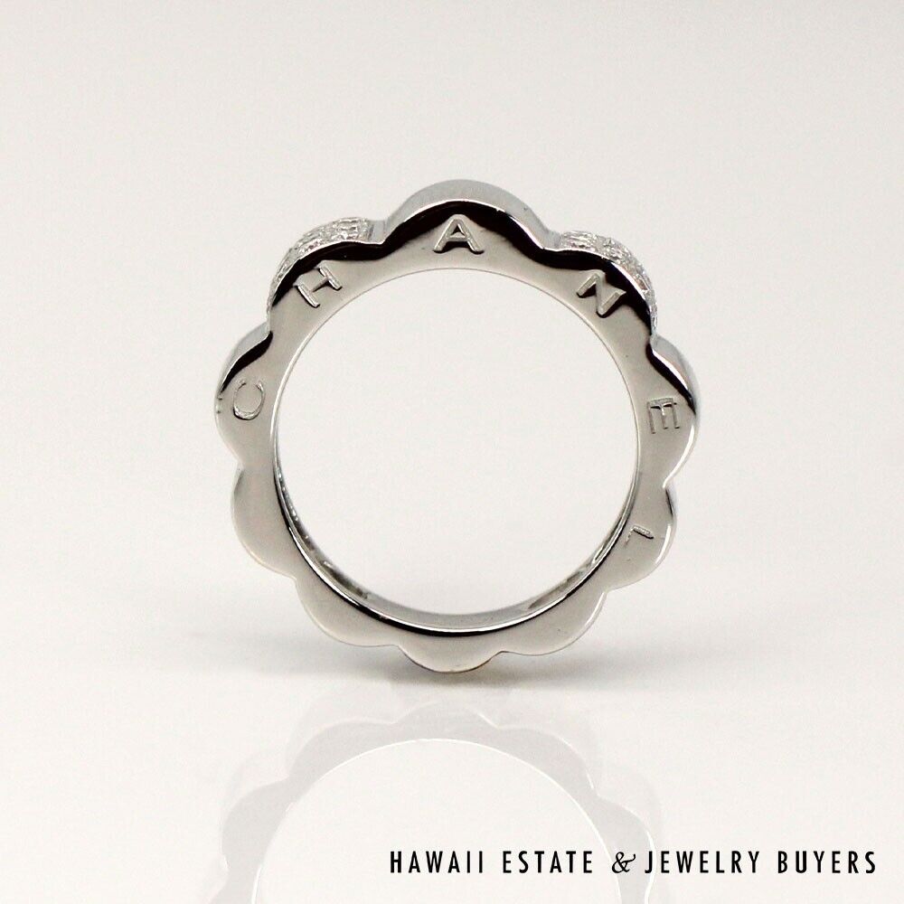 Chanel Camelia Sculptural 18K White Gold Pave Diamond Ring Size 4.5 - Image 2