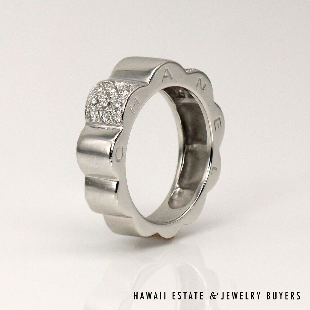 Chanel Camelia Sculptural 18K White Gold Pave Diamond Ring Size 4.5