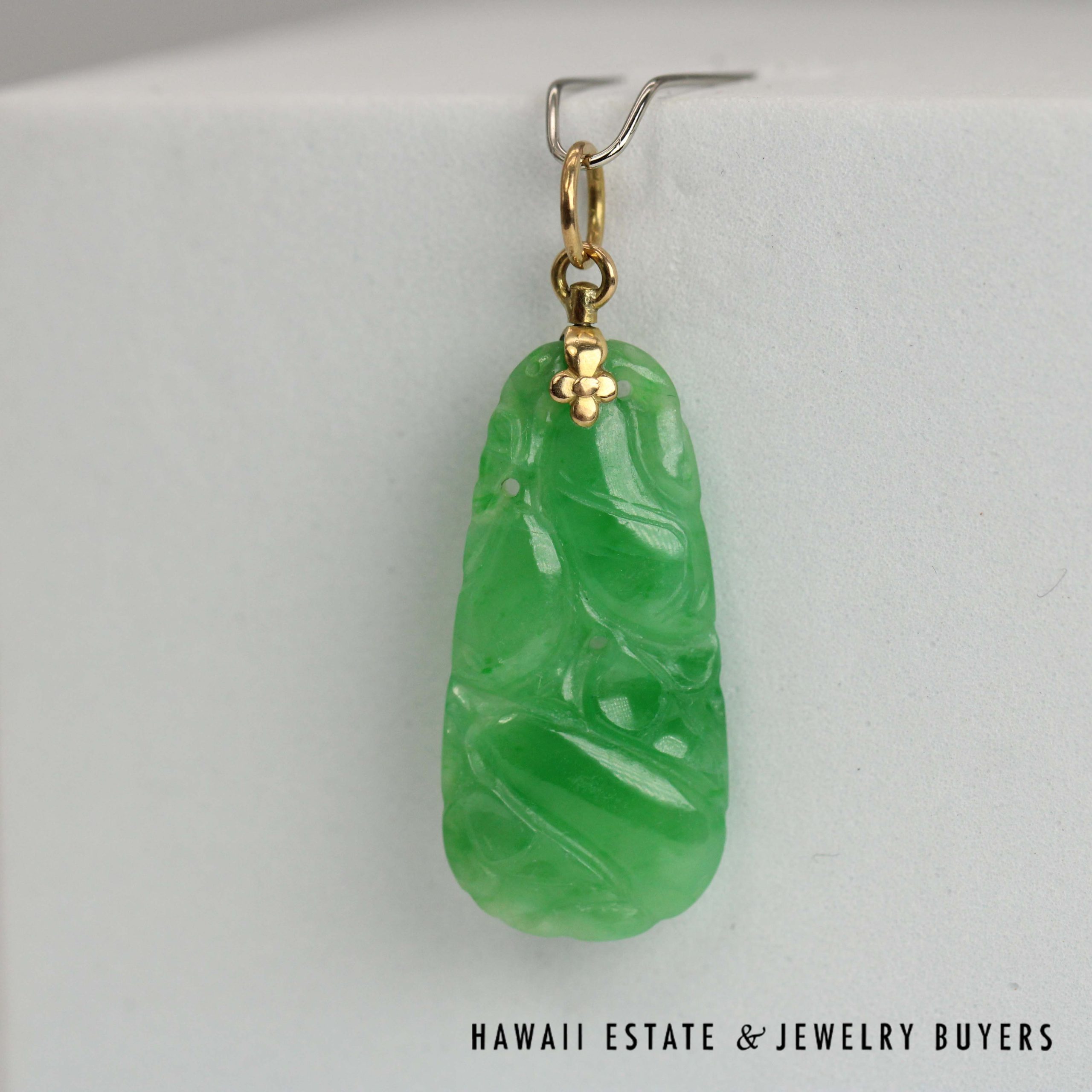 GIA Type A Carved Green Jade 14k Yellow Gold Pendant - Image 3