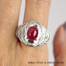 GIA Natural 3.74ct Ruby Cabochon 0.90ctw Baguette Diamond Ring Platinum Size 6.5
