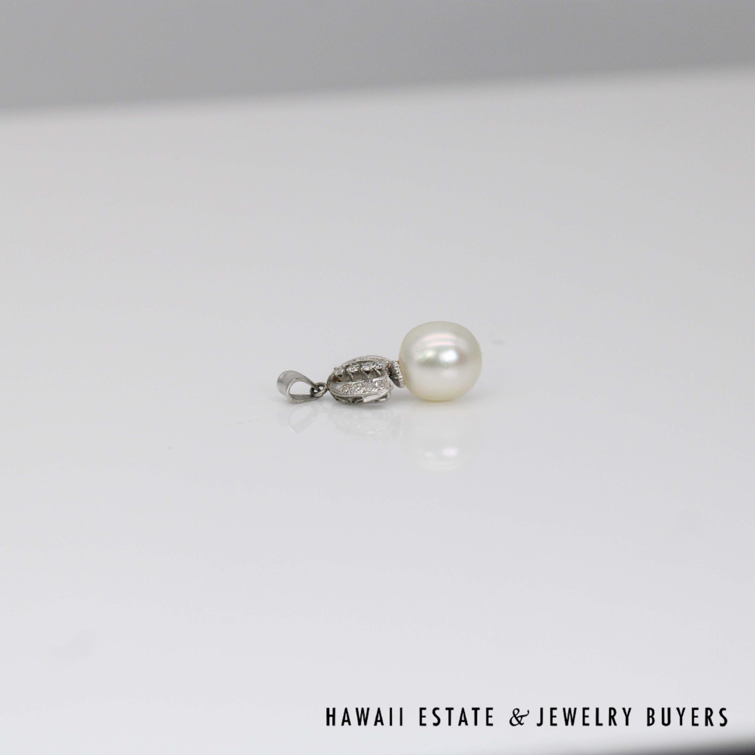 Round Pearl Drop & Diamond Openwork 900 Platinum Pendant - Image 5