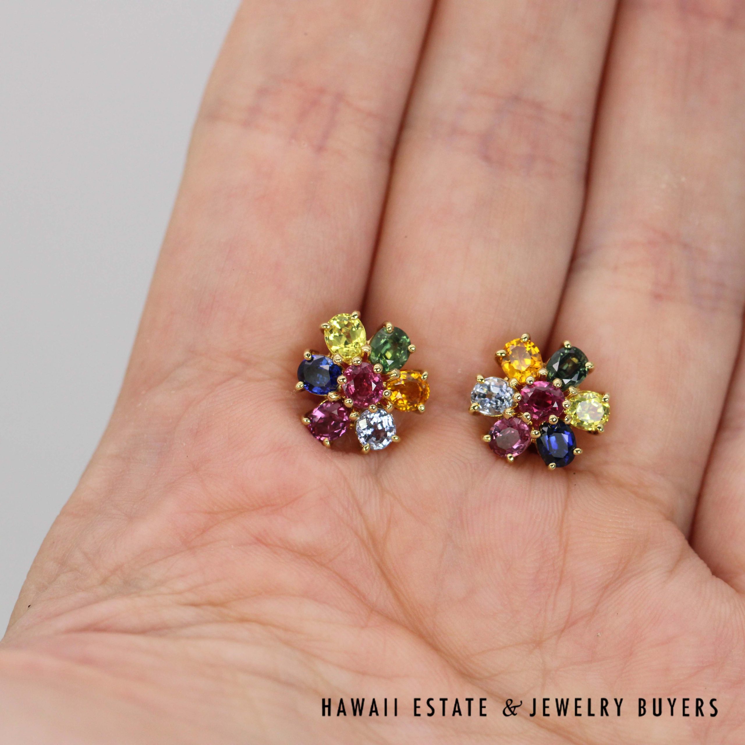 14K Yellow Gold MultiColor Stone Earrings Size 12mm Diameter - Image 4
