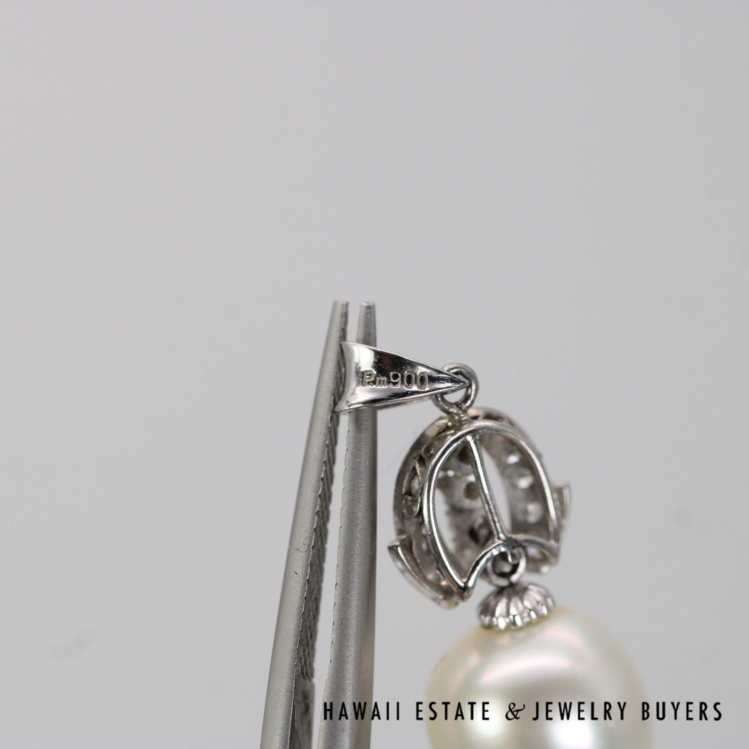Round Pearl Drop & Diamond Openwork 900 Platinum Pendant - Image 3