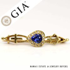 GIA 1.50ct Lab Grown Sapphire 0.50ctw Rose Cut Diamond 14k Yellow Gold Brooch