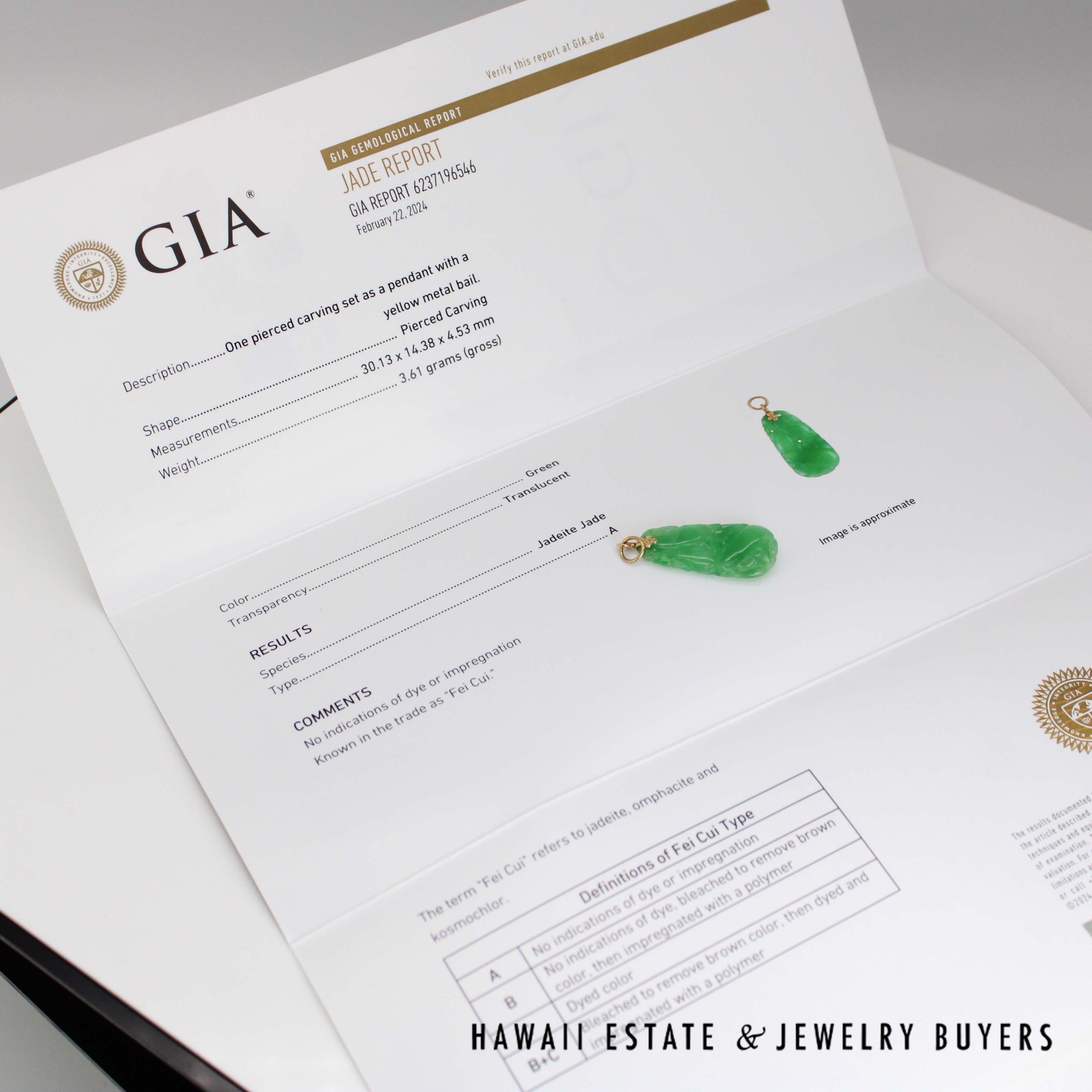 GIA Type A Carved Green Jade 14k Yellow Gold Pendant - Image 6