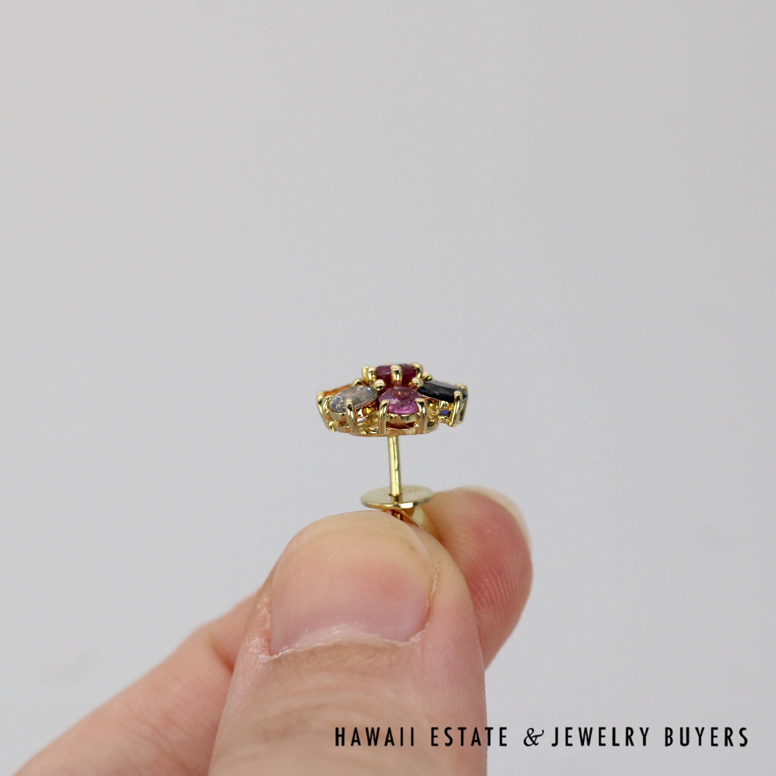 14K Yellow Gold MultiColor Stone Earrings Size 12mm Diameter - Image 5
