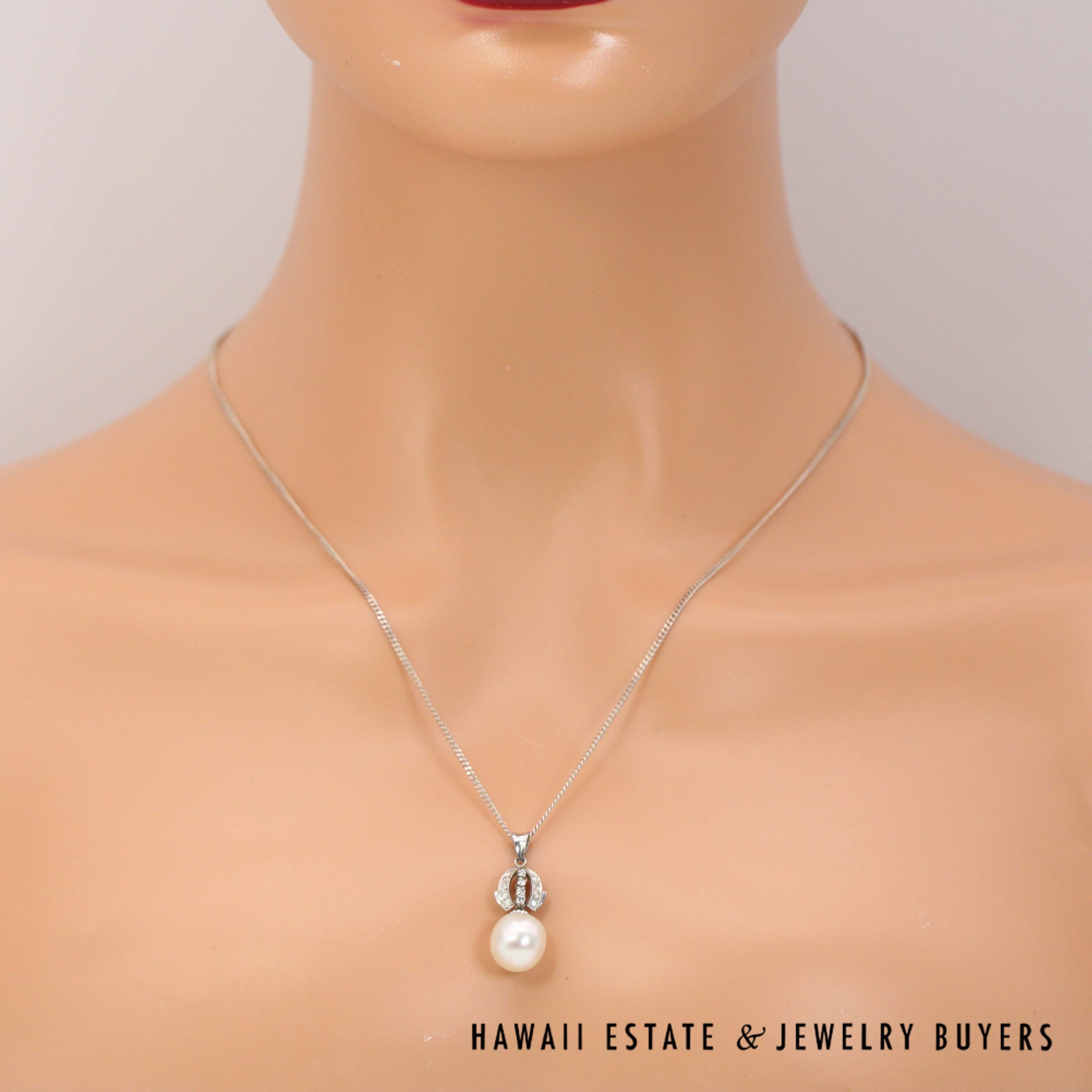 Round Pearl Drop & Diamond Openwork 900 Platinum Pendant - Image 6