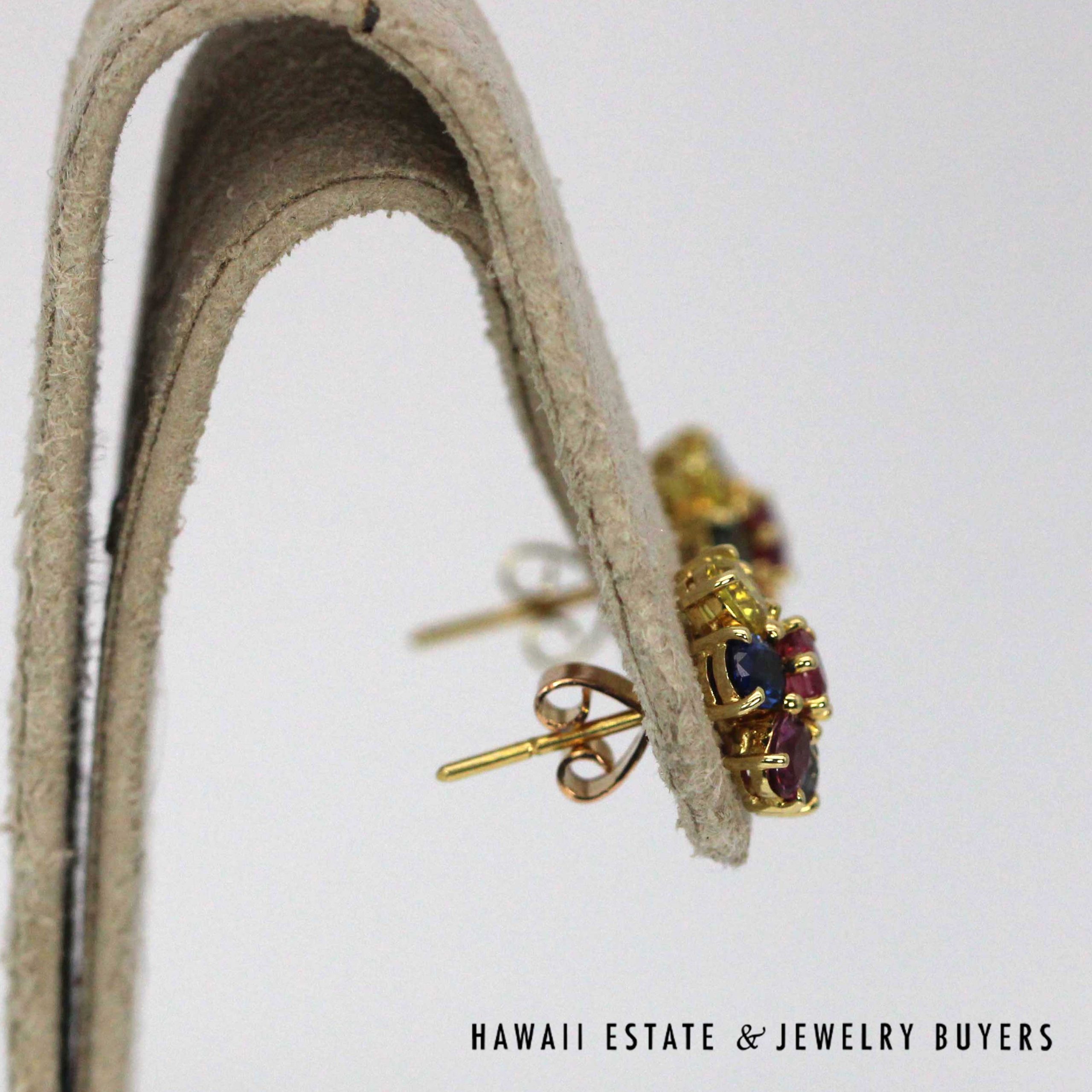 14K Yellow Gold MultiColor Stone Earrings Size 12mm Diameter - Image 3