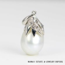 White Baroque Pearl & Diamond Platinum Leaf Pendant