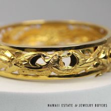 15.5mm Dragon & Phoenix 18K Yellow Gold Hinged Bangle Bracelet Size 7