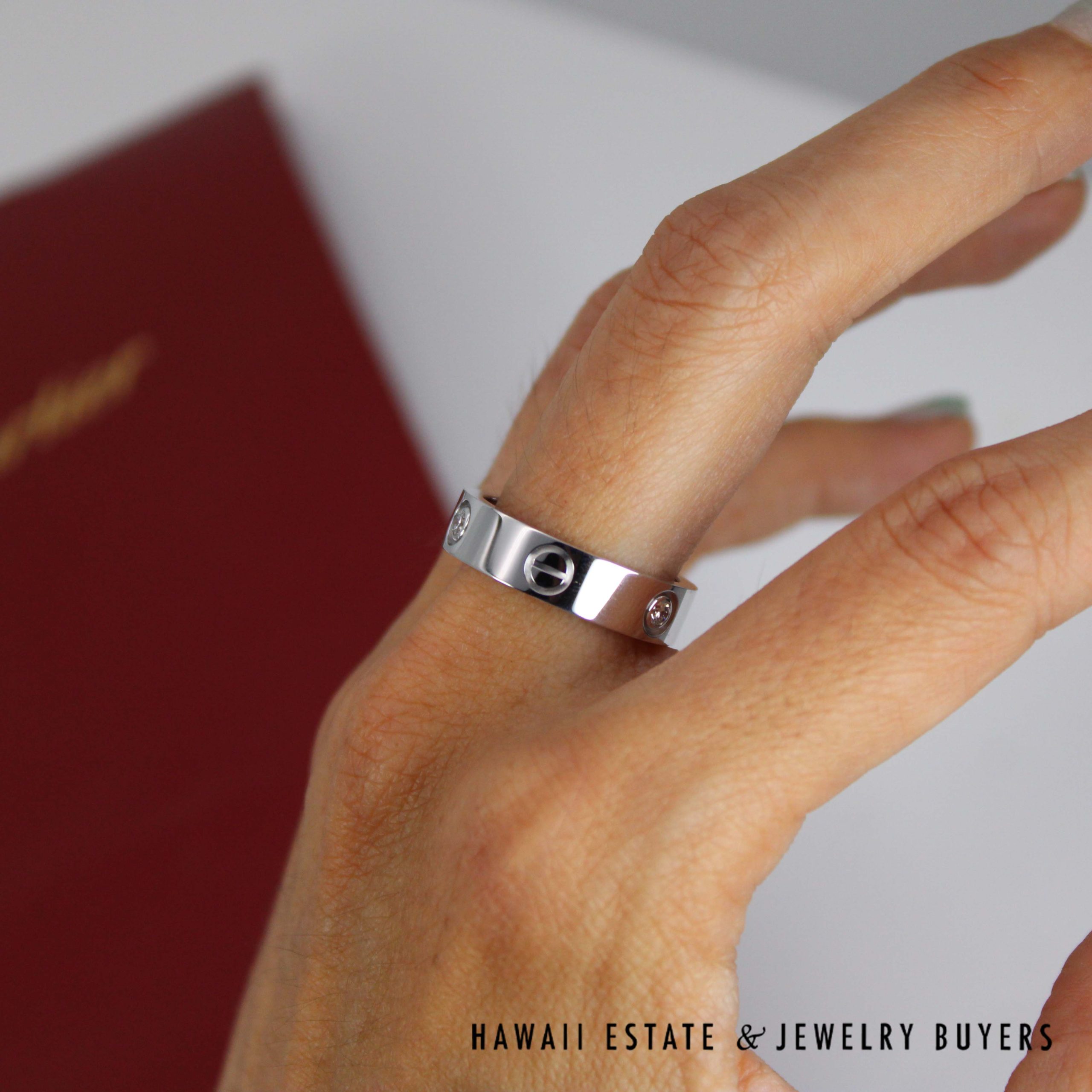 Cartier 3 Diamond 18K White Gold Love Ring Size 9 - Hawaii Estate