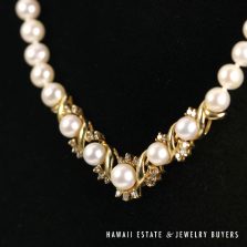 Round Pearl & Diamond Cluster Necklace 18 Inch with 14K Yellow Gold Clasp