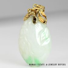 Carved Moss in Snow Jade Pendant with 14K Yellow Gold Bail
