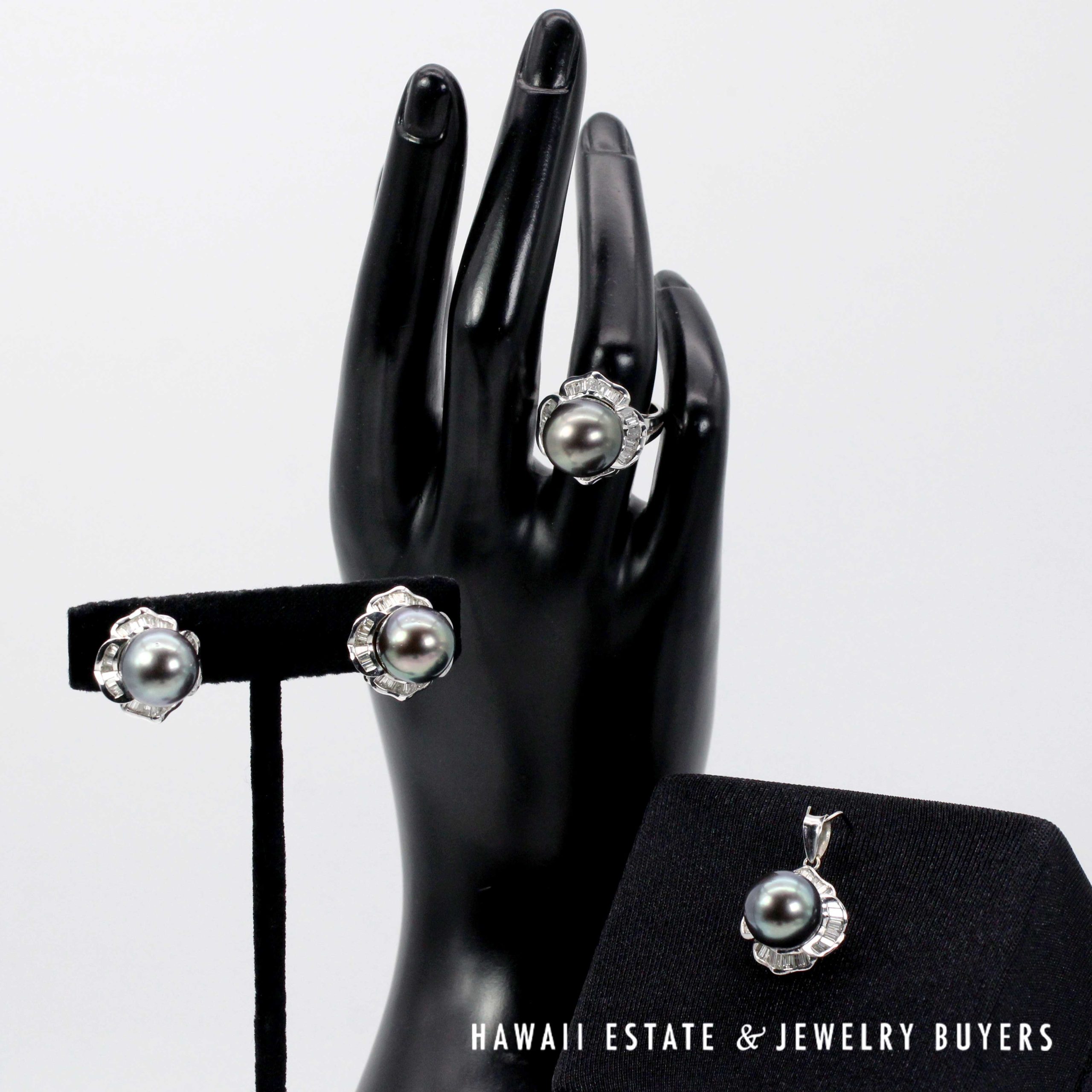 Tahitian Black Pearl & Diamond 18K White Gold Earrings Pendant Ring Sz 7 Complete Set