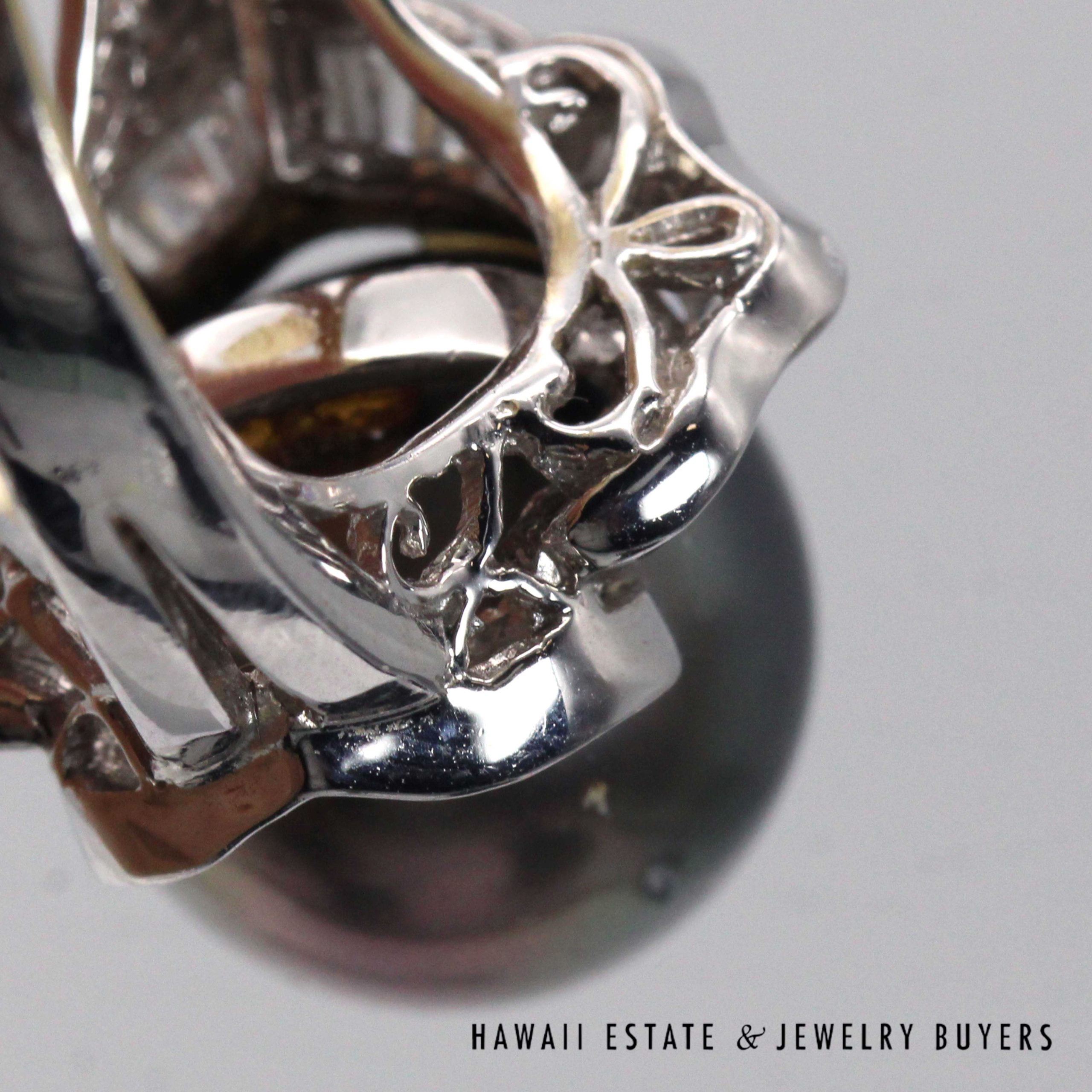 Tahitian Black Pearl & Diamond 18K White Gold Earrings Pendant Ring Sz 7 Complete Set - Image 4