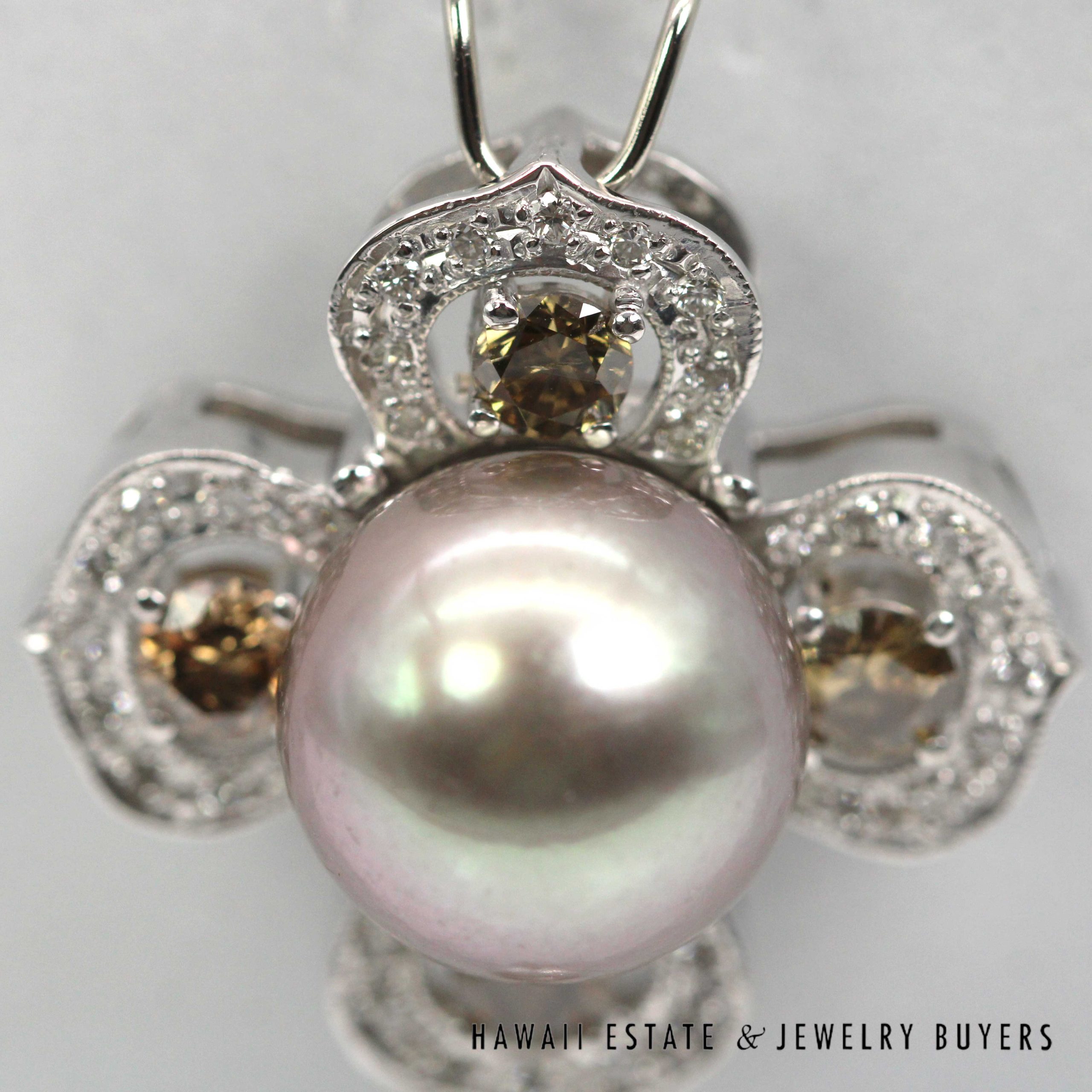 South Sea 12.2mm round Pearl's with 1ctw Brown Diamond & 0.34ctw Diamond 14K White Gold Pendant - Image 4