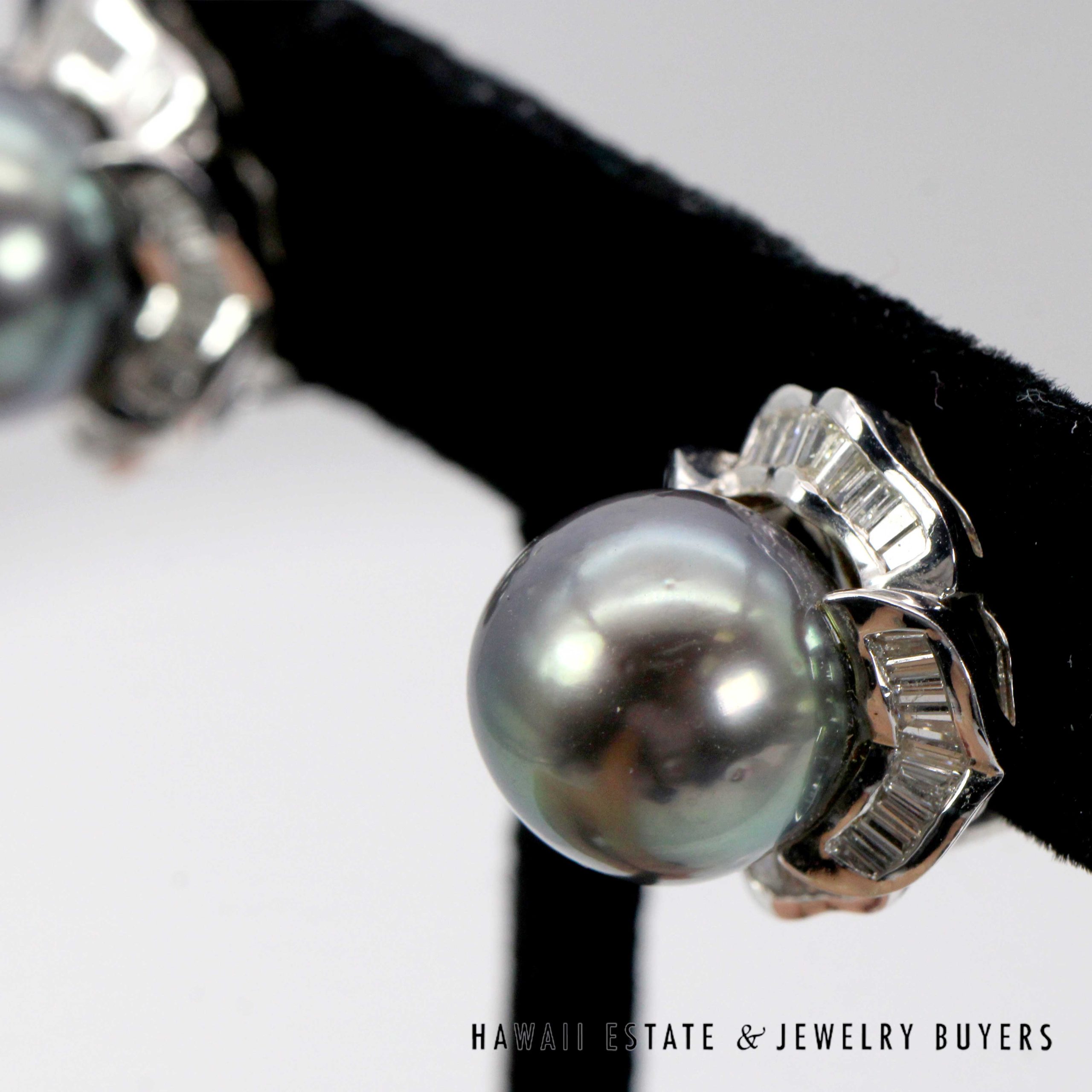 Tahitian Black Pearl & Diamond 18K White Gold Earrings Pendant Ring Sz 7 Complete Set - Image 2