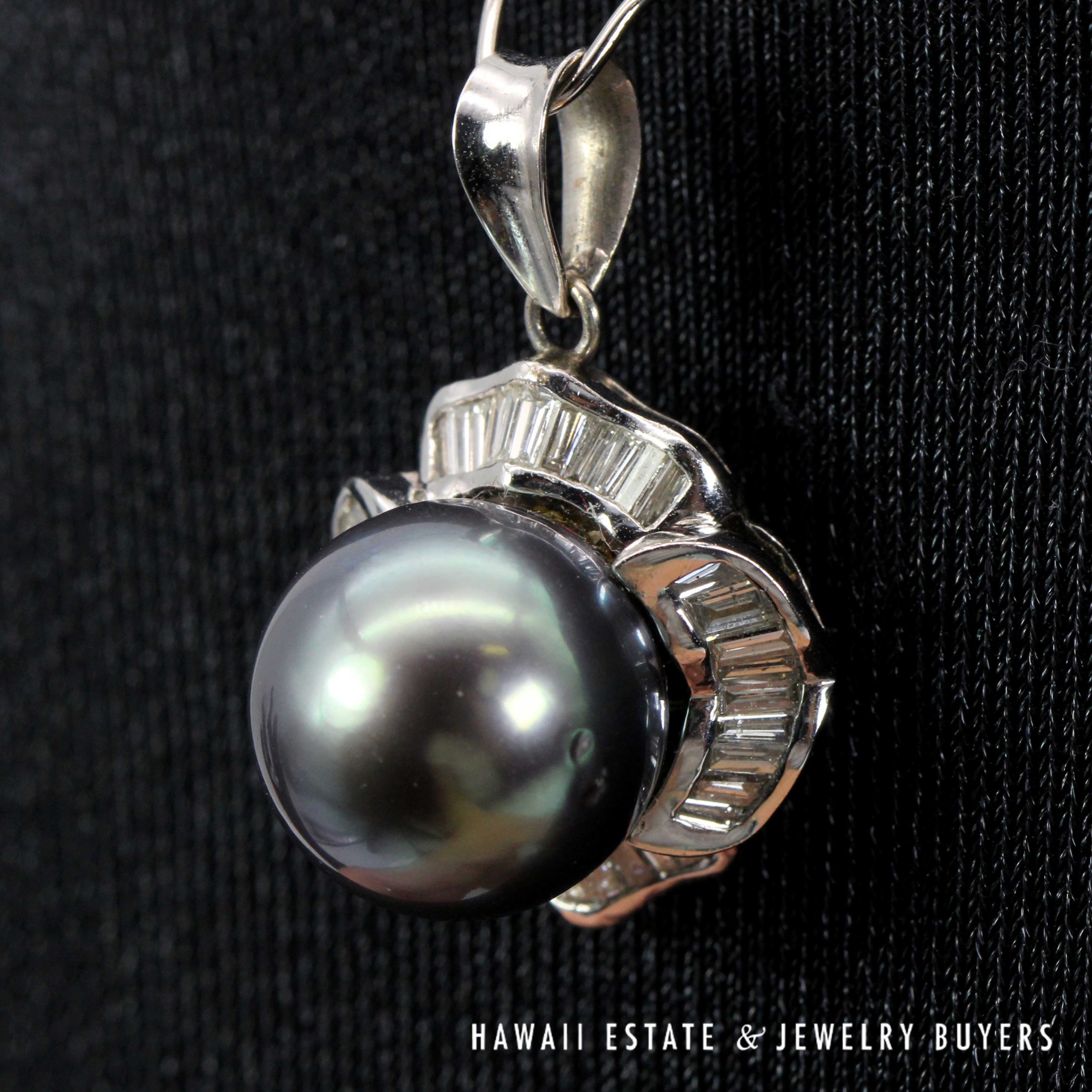 Tahitian Black Pearl & Diamond 18K White Gold Earrings Pendant Ring Sz 7 Complete Set - Image 3