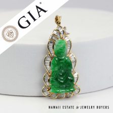 GIA Type A Fei Cui Green Jade Kwan Yin 1.43ctw Diamond 20K Yellow Gold Pendant