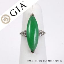 GIA Type A Green Jadeite Jade Marquise Diamond 14K White Gold Ring Size 5