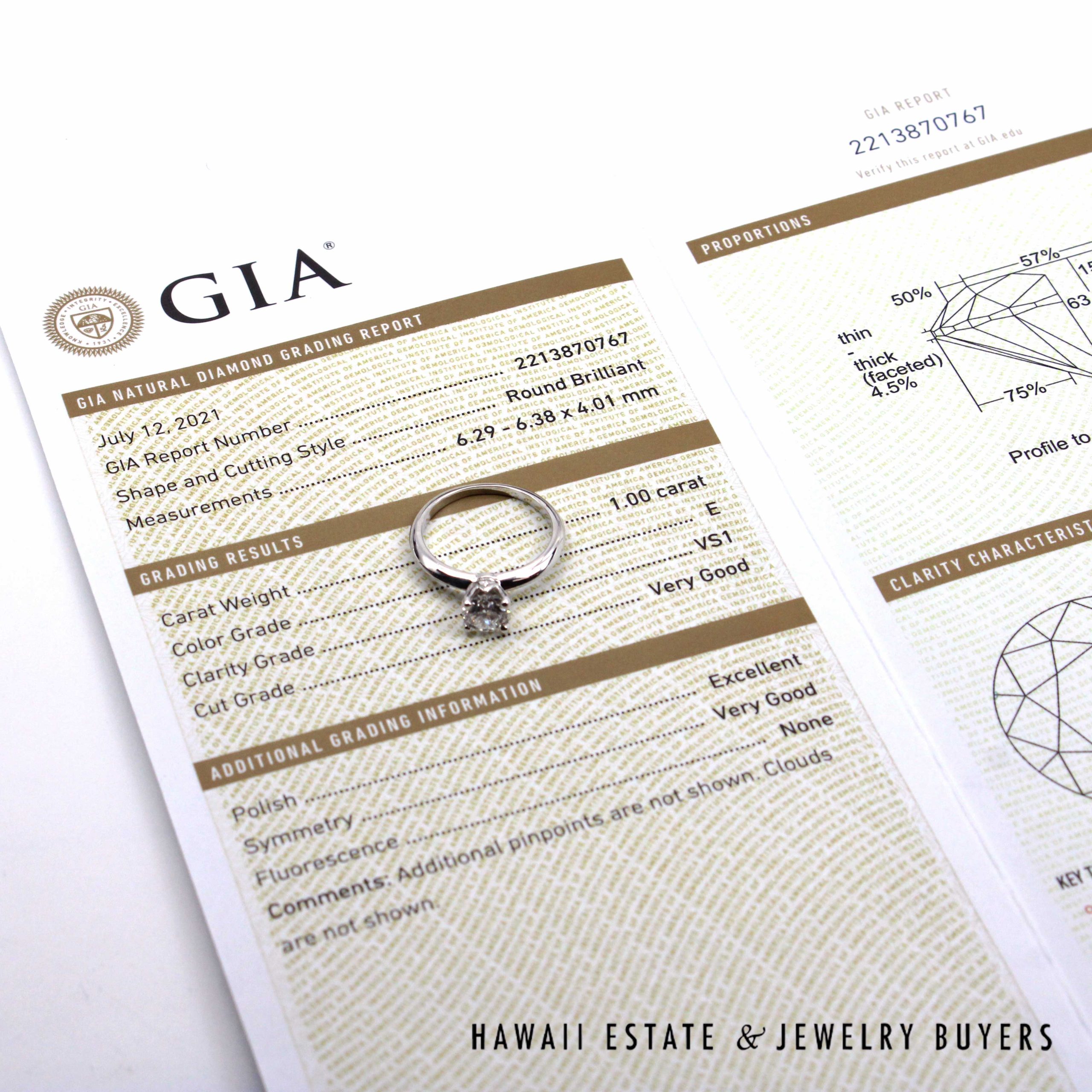 GIA 1CT Round Brilliant Natural Diamond Platinum Engagement Ring Sz 7 - Image 12