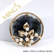 Ming's Hawaii Grey Jade and Pearl 14K Yellow Gold Brooch Pin