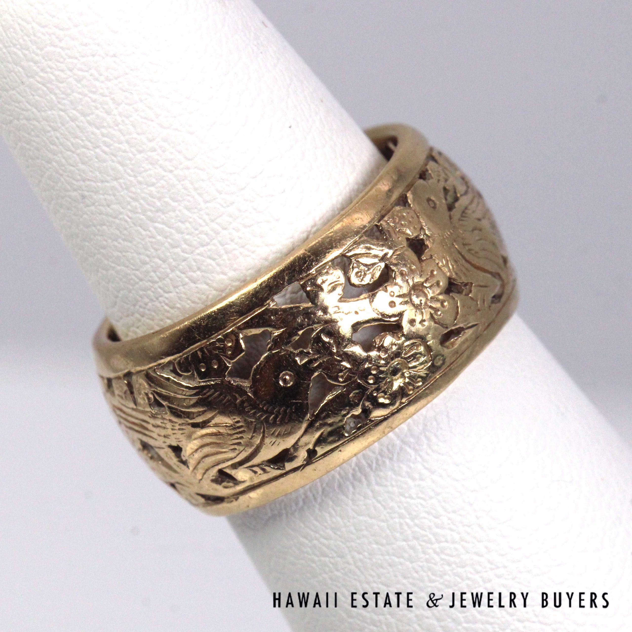 Ming's Hawaii Bird in Plum 14K Yellow Gold 10mm Band Size 6.75 - Image 3