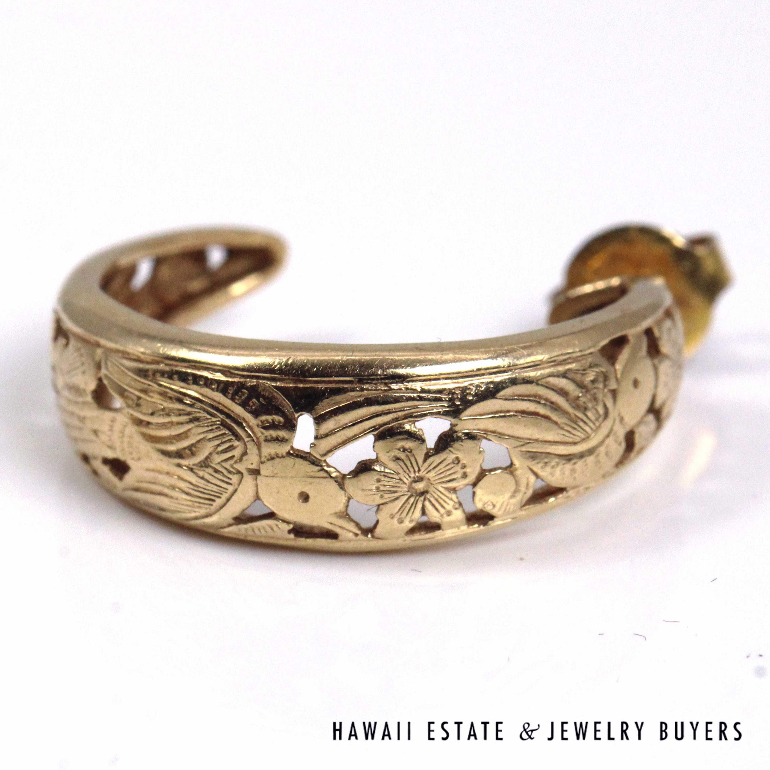 Ming's Hawaii 24mm Bird in Plum 14K Yellow Gold Open Hoop Earrings - Image 2