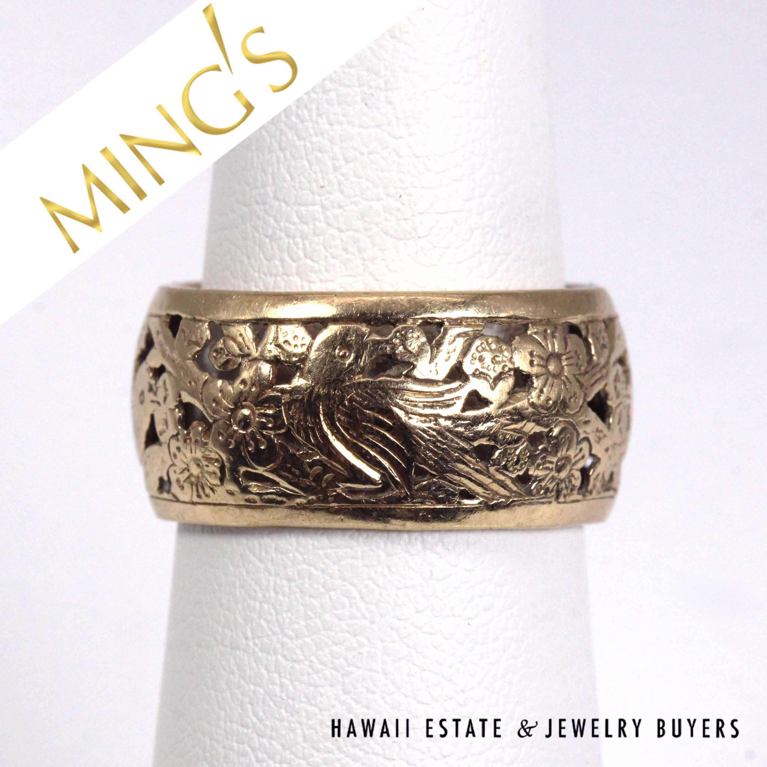 Ming's Hawaii Bird in Plum 14K Yellow Gold 10mm Band Size 6.75