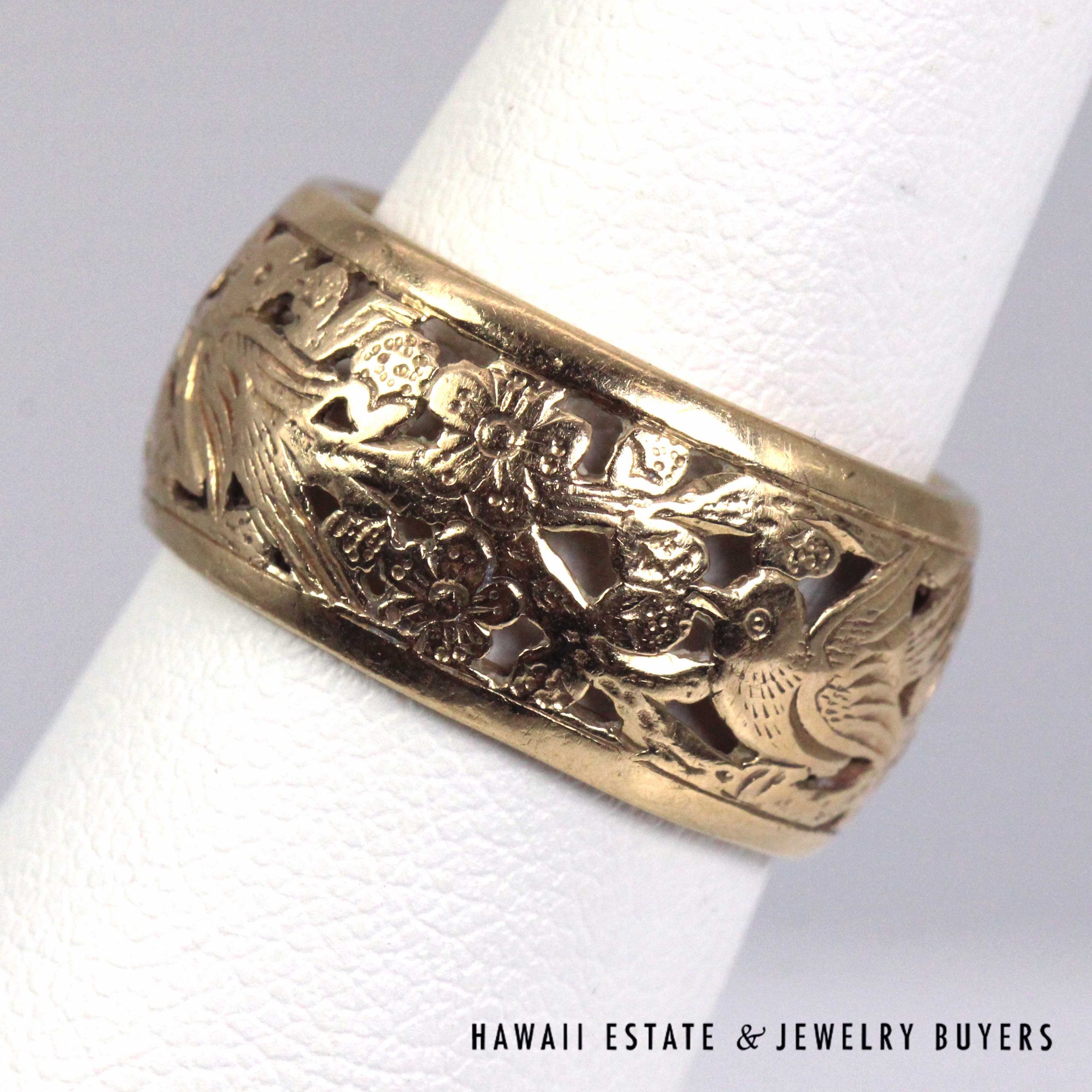 Ming's Hawaii Bird in Plum 14K Yellow Gold 10mm Band Size 6.75 - Image 2