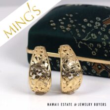 Ming's Hawaii Bird in Plum 14K Yellow Gold J Hoop Earrings With Box